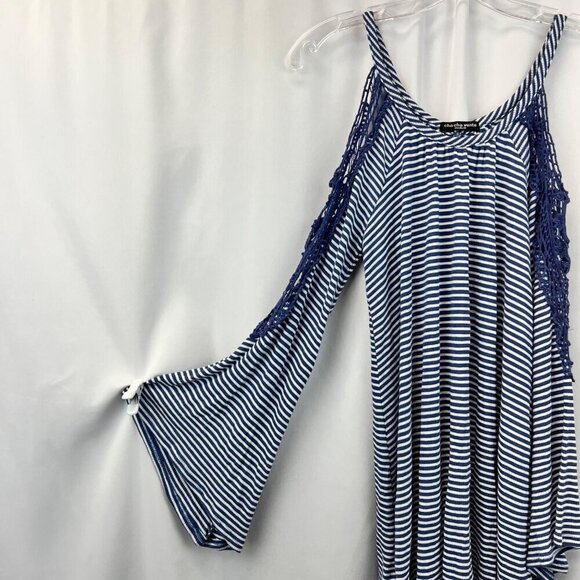 Cha Cha Vente Women’s Cold Shoulder Lace Trimmed Blue/White Striped Top M - Picture 4 of 9